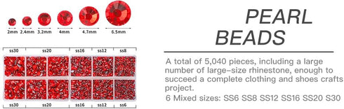 OUTUXED 5040pcs Red Flatback Rhinestones for Crafting, Crystal Round Gems for Nail Art DIY, Halloween Clothes Bags, 6 Mixed Size Hotfix With Tweez...