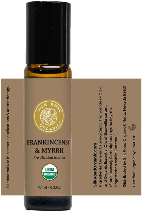 Organic Frankincense & Myrrh Essential Oil Roll On, 100% Pure USDA Certified Aromatherapy for Body Aches, Stiffness & Tingling, Stress Relief, & S...