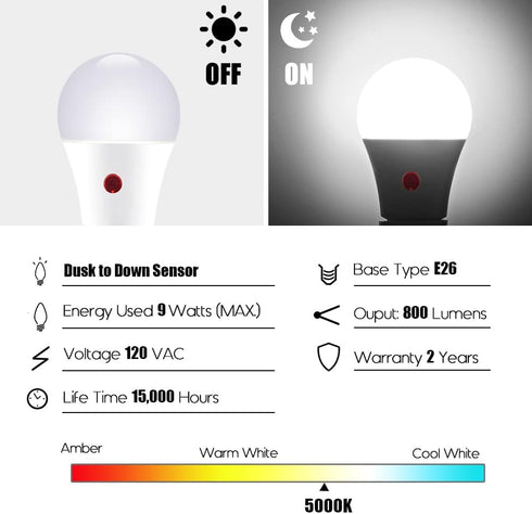 Emotionlite Dusk to Dawn Sensor Light Bulbs Outdoor, Neutral White LED Bulbs, 60 Watt Equivalent, Automatic On/Off, Porch, Patio,Garage, Hallway, ...