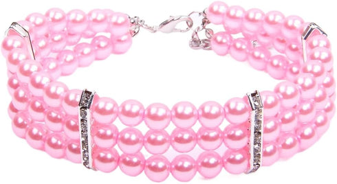 3 Rows Dog Cat Pearls Necklace Collar with Bling Accessories Pet Puppy Jewelry for Female Dogs Cats Small Medium (Pink, Medium)...