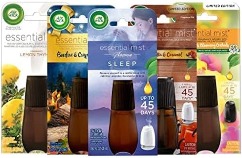 Air Wick Essential Mist Diffuser Oil Refills Variety Pack, Set of 5 Fragrance Mist Refills, Lavender, Vanilla, Lemon, Bonfire, Hibiscus...