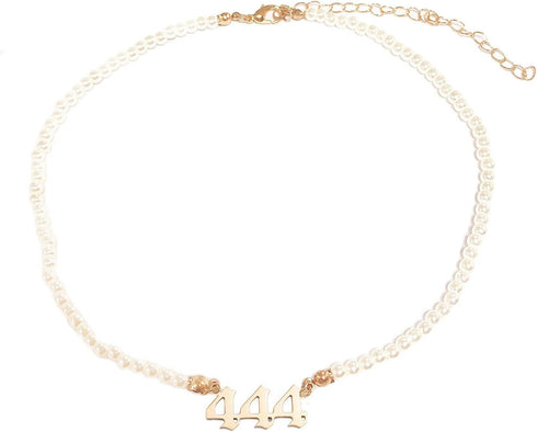 Pearl Beads Angel Number Adjustable Chain Link Necklace 111 222 333 444 555 666 777 888 999 Necklace Old English Necklace Gold Number Necklace Jew...