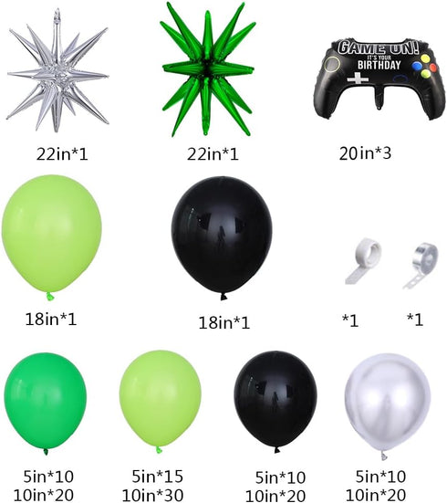 144Pcs Video Game Balloon Arch Garland Kit Green Black Silver Explosion Star Game Controller Mylar Balloons for Boys Kids Game On Level Favor Them...