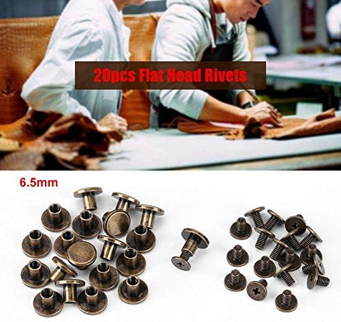 20 Sets Brass Flat Head Button Studs (6.5mm) - Bronze Leathercraft Screw Rivets for Belts, Bags & Shoes - Rotatable DIY Leather Hardware with Nuts...