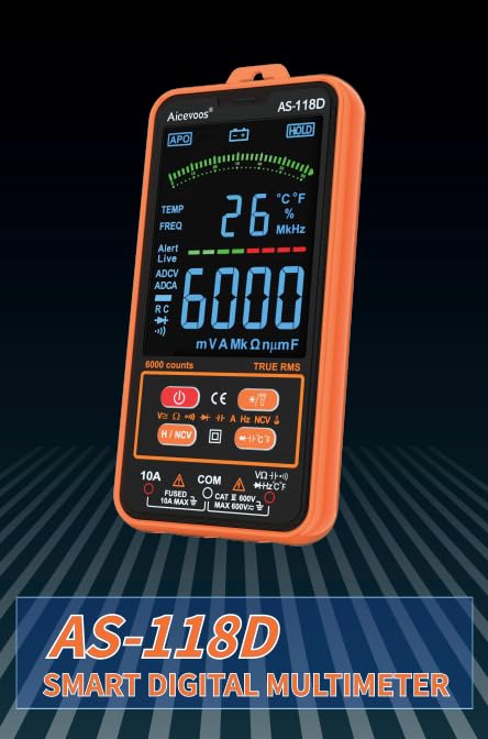 AS-118D Smart Digital Multimeter Auto-Ranging Voltmeter Electrical Tester Measures Voltage Current Capacitance Resistance Continuity Duty-Cycle Te...