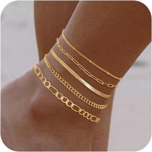 Gold Ankle Bracelets for Women, 14K Gold Anklets for Women Waterproof Snake Figaro Cuban Link Chain Anklets Set Chunky Thin Layered Dainty Anklet ...
