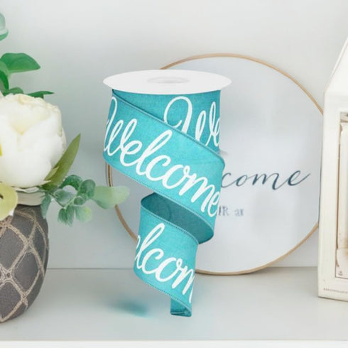 Welcome Canvas Wired Ribbon, White Script on Turquoise Teal Ribbon, 2.5 Inches x 10 Yards...