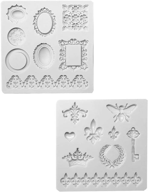 2PCS Silicone Fondant Cake Decorating Mold for Chocolate, Baking, Sugar Craft, Polymer Clay, Soap, Cupcake - Bee Crown Key Mirror Heart Lace Photo...