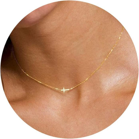 Foxgirl Gold Cross Necklaces for Women, Dainty Small Cross Chain Pendant Choker Necklace Simple Cute Tiny Sideways Cz Cross Gold Necklace for Wome...