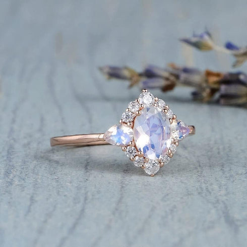 Plated 18k Rose Gold Rainbow Moonstone Rings,Women Bridal Set Statement Anniversary Ring Gift Oval & Pear Cut CZ Simulated Diamond Engagement Ring...