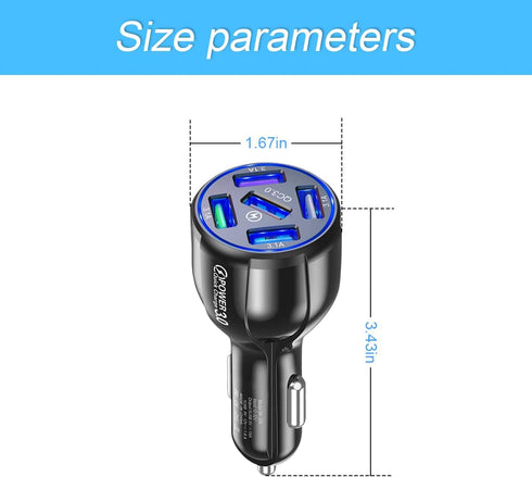 USB Charger for Car, QC 3.0 Fast Car Charger Adapter with 5 Ports, Compatible with iPhone 13/Pro/Pro Max, 12, 11, iPad, Camera, Samsung, Cigarette...
