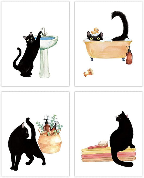 LHIUEM Black Cat Bathroom Decor, Funny Bathroom Wall Art Set of 4(8"X10",unframed) Modern Animals Kitty Pictures, Kitten Bathing Canvas Poster cat...