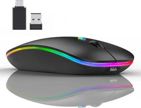 Neises Bluetooth Mouse?LED Slim Dual Mode (Bluetooth 5.1 + USB) 2.4GHz Rechargeable Silent with Type C Adapter for ipad/Laptop/PC/Mac/iPad pro/Com...