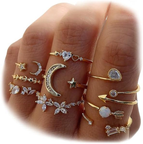 KISS WIFE Gold Stackable Moon Star Knuckle Rings Set for Women, Boho Dainty Lightweight Stacking Rings, Vintage Midi Rings Pack, Trendy Jewelry...