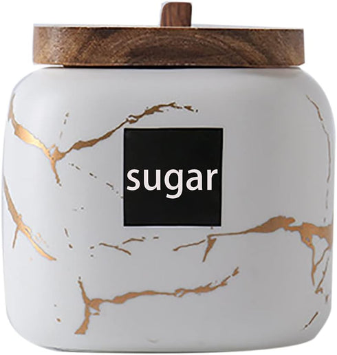 Marble Ceramics Sugar Bowl Ceramic Seasoning Box Ceramic Spice Jars Porcelain Condiment Pots with Lid and Spoon (White)...