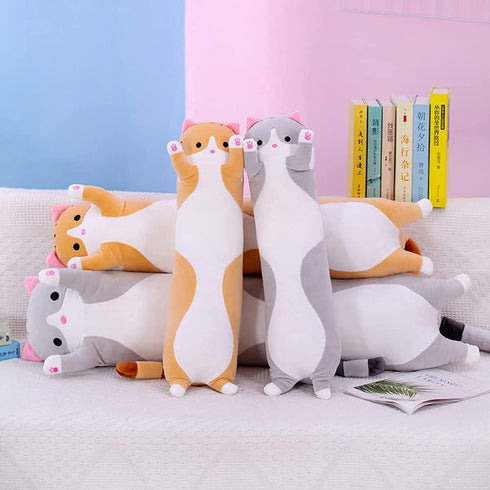 Cute Cat Plush Long Body Pillow Cuddle Cartoon Stuffed Animals Cat Plushie Soft Doll Pillows Gifts for Kids Girls (Orange, 19")...