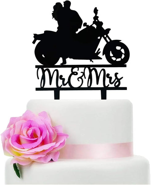 Motorcycle Cake Topper, Black Acrylic Bride & Groom, Funny Mr & Mrs, Wedding/Engagement/Bridal Shower Party Decor...