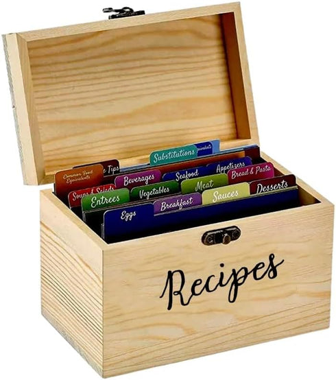 Personalized Wooden Recipe Box with Dividers and Card Holder - Vintage Farmhouse Style Recipe Organizer (Brown)...