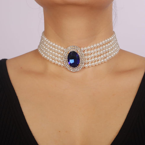 fxmimior Women Multilayer 1920s Green Blue Silver Rhinestone Necklaces Dainty Pearls Layered Choker Necklaces Fashion Chunky Pearls Pendant Multil...