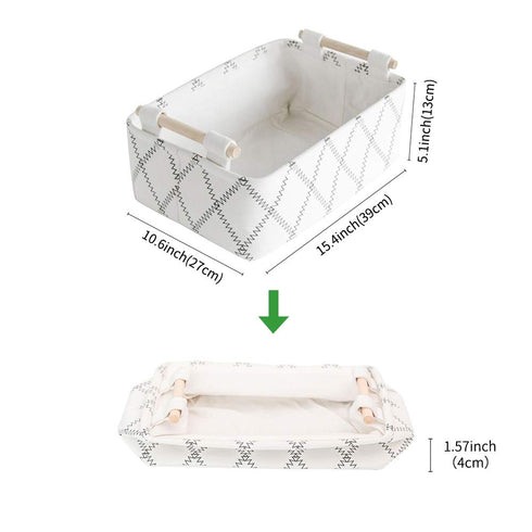 Decorative Collapsible Rectangular Fabric Storage Bin Organizer Basket with Wooden Handles for Clothes Storage,15.4x10.6x5.1 inch,White...