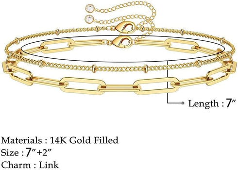 Dainty Gold Bracelets for Women, 14K Gold Filled Adjustable Layered Bracelet Cute Evil Eye Oval Chain Pearl Bar Turtle Gold Bracelets for Women Je...