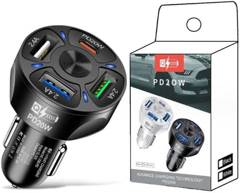 4 Port USB Fast Charging Cigarette Light Car Charger 3 * 2.4 A USB/ 1 PD20W LED Light Compatible with Tablets Cameras iPhone 14 13 12 11 Pro Max X...