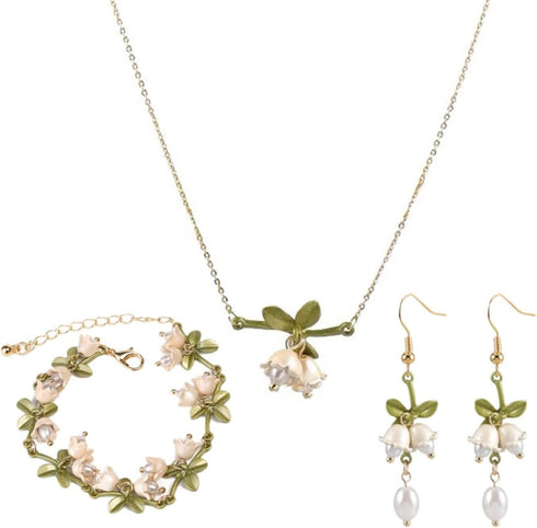 3Pcs Set Lily of the Valley Necklace and Earring Bracelet Green Paint Leaves and Freshwater Pearl Necklace Gift for Women Mom Friends Bride...