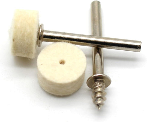 TEMO 100 pc Felt Polishing Wool Bob Burr 1/2 Inch Diameter 1/4 Inch High Wheels #414 with 2 Screw Mandrel 401 1/8 Inch Shank for Dremel Rotary Too...