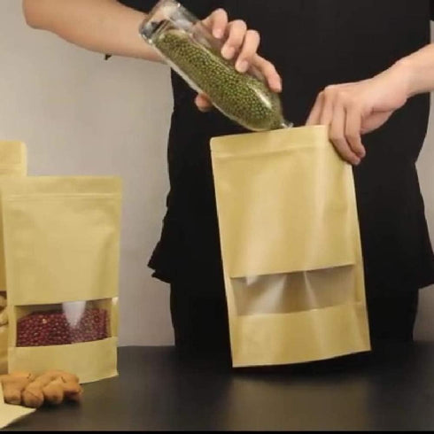 50 pcs Kraft Bags with Window Stand Up Ziplock Seal Paper Bag Resealable Large Food Storage Pouch 1oz 3.5×5.5in...