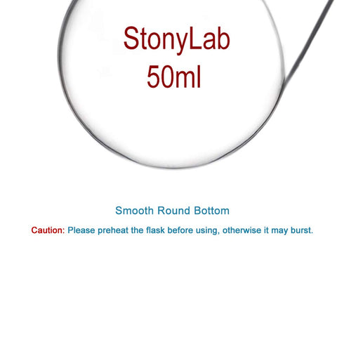 StonyLab Glass 50ml Heavy Wall 2 Neck Round Bottom Flask RBF, with 19/22 Center and Side Standard Taper Outer Joint - 50mL...