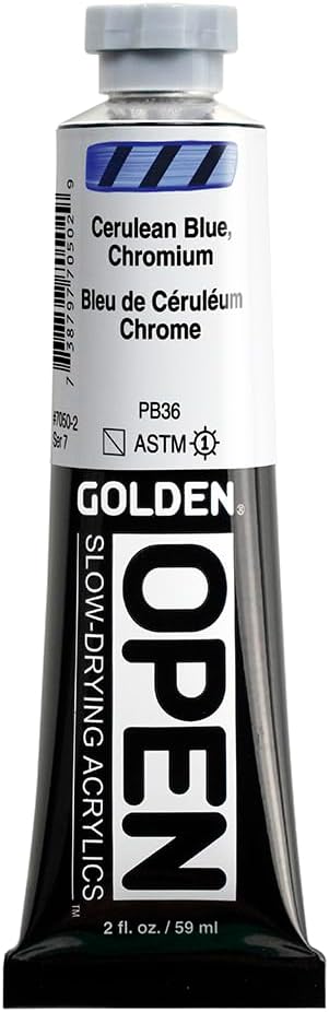 OPEN Slow-Drying Acrylics by GOLDEN, Cerulean Blue Chromium, 2 fl oz. tube, Professional Acrylic Paint, Semi-Transparent...