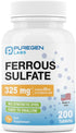 Puregen Labs Ferrous Sulfate 325 mg (65 mg Elemental Iron) High Potency Iron Supplement | No Artificial Color Additives - 200 Tablets Made in USA...