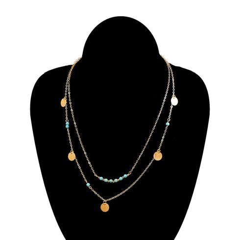 Layered Turquoise Pendant Necklace Gold Sequin Chain Necklace Blue Beads Choker Necklace Turquoise Disc Necklace Chain Jewelry for Women and Girls...