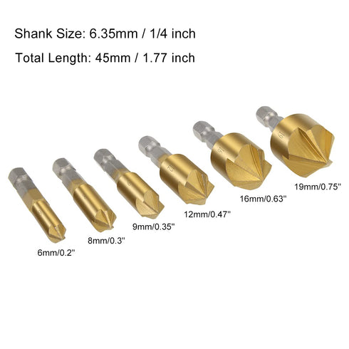 uxcell Countersink Drill Bit Set 6mm 8mm 9mm 12mm 16mm 19mm Dia 1/4” Hex Shank 90 Degree 5 Flute Chamfer Tool for Woodworking Titanium Plating HSS...