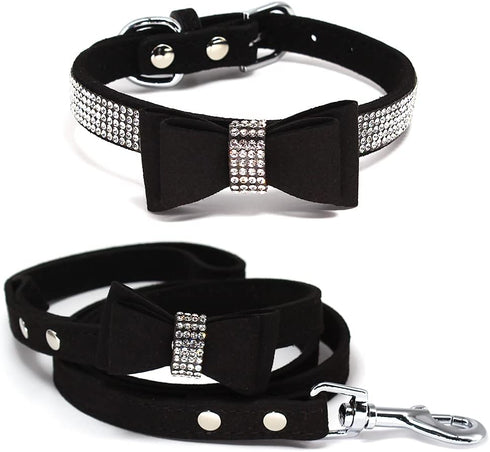 Dazzling Rhinestone Dog Collar with Soft Fabric and Crystal Bow Tie - Elegant and Glamorous Puppy Collars for Small Dogs with Leash in Black XXS...