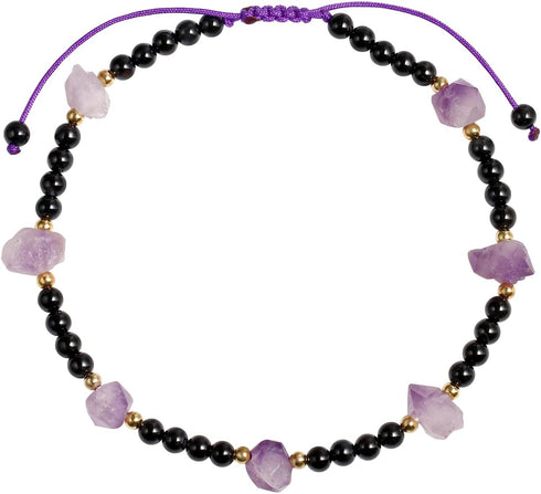 Natural Raw Amethyst with Black Agate Beads Ankle Bracelets for Women Healing Crystals Anklet Adjustable Handmade Jewelry...