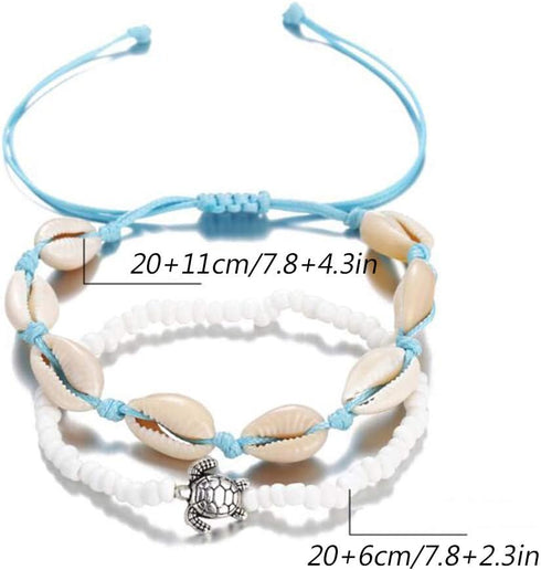 Boho Beaded Anklets Shell Ankle Bracelets with Silver Turtle Foot Chain Jewelry for Women 2Pcs...