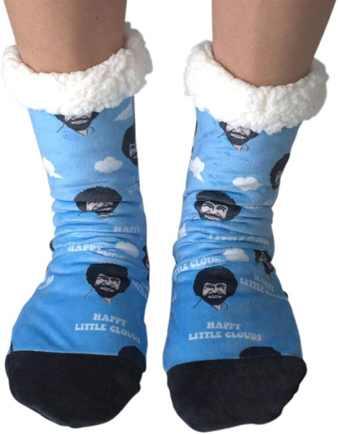ooohyeah Unisex Cozy Slipper Socks, Funny Bob Ross Fuzzy House Slippers for Women & Men, Sherpa Warm Cute Indoor Non-Slip Socks...