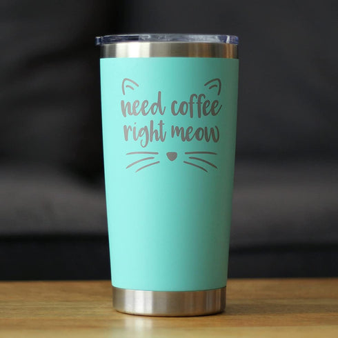Bevvee Need Coffee Right Meow - Insulated Coffee Tumbler Cup with Sliding Lid - Stainless Steel Insulated Mug - Cat Themed Coffee Gifts - Teal...