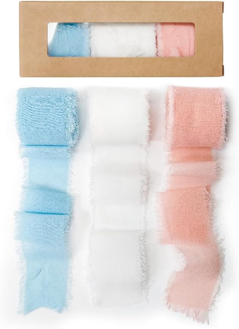 CT CRAFT LLC Frayed Chiffon Silk Ribbon 1-1/2 inch x 7 Yards x 3 Rolls Light Blue White Pink set for Christmas Home Decor Gift Wrapping DIY Crafts...
