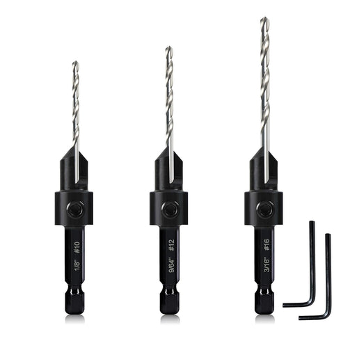 3 Pack Countersink Drill Bit Set #10#12#16, 3in1 Woodworking Counterbore Hole Saw Drill Bits, Depth Adjustable M2 Pilot Drill Bits, 82-Degree Cham...