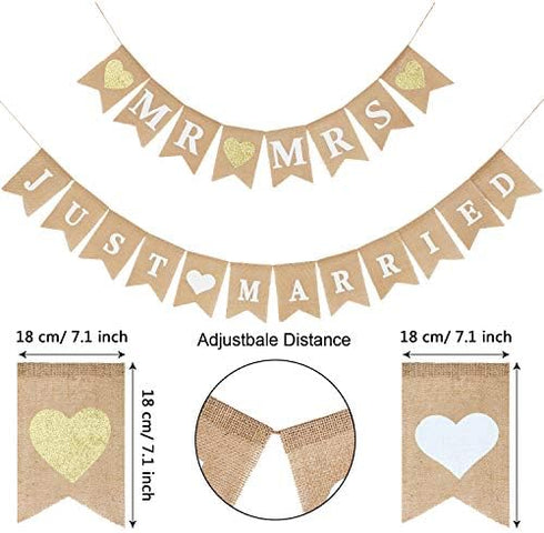 2 Pieces Mr and Mrs Banner Just Married Banner Burlap Wedding Bridal Shower Banner Rustic Bunting Garland for Wedding Party...
