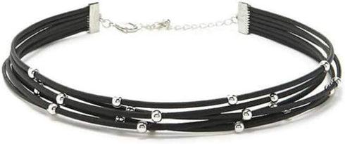 Bohemia Layered Choker Necklace Black Leather Choker with Silver Beads Multilayer Collar Necklace for Women...
