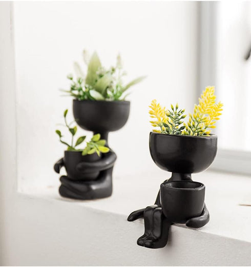 3.94” Creative Cute Imitation Humanoid Ceramic Flower Pot Succulent Planter Crafts Vase Home Decoration Personalized Gift (Black A)...