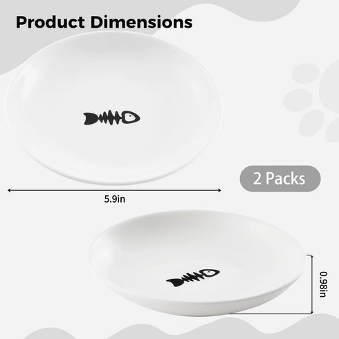 2 Pcs Cat Bowls, Wide & Shallow Cat Plates for Whiskey Fatigue Relief, 15cm/6’' Ceramic Cat Feeding Dishes Cute Fish Bone Design, Wet & Dry Food F...