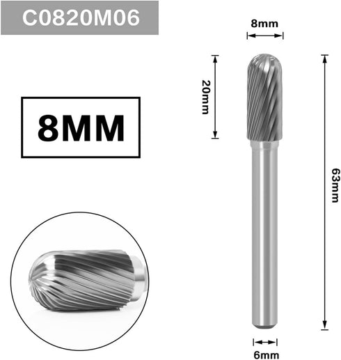 Tungsten Carbide Rotary Burr Die Grinder Bits Single Cut Grinding Head Diameter 8mm with 1/4" Shank Rotary Tool For Woodworking Drilling DIY Engra...