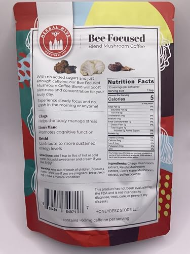 Mushroom Coffee by Herbal Hive Bee Focused Includes Adaptogens Reishi, Lion's Mane, and Chaga Superfood Low Acid Instant 30 Servings (3.5 oz, Dark...