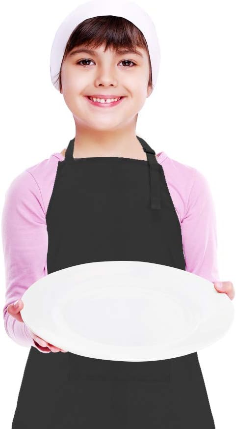 Kids Apron and Chef Hat Set, Adjustable Cotton Child Aprons with Large Pocket Black Girls Boys Kitchen Bib Aprons for Cooking Baking Painting...