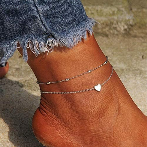 Layered Anklets Women Heart Silver Ankle Bracelet Charm Beaded Dainty Foot Jewelry for Women Summer Barefoot Beach Anklet...