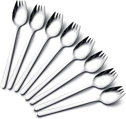 IQCWOOD Sporks Stainless Steel, Salad Forks, 8 Pack 18/10 Stainless Steel Spork, 7.4 Inches Long Handle Dessert Spoons, Ice Cream Spoons Fork Reus...